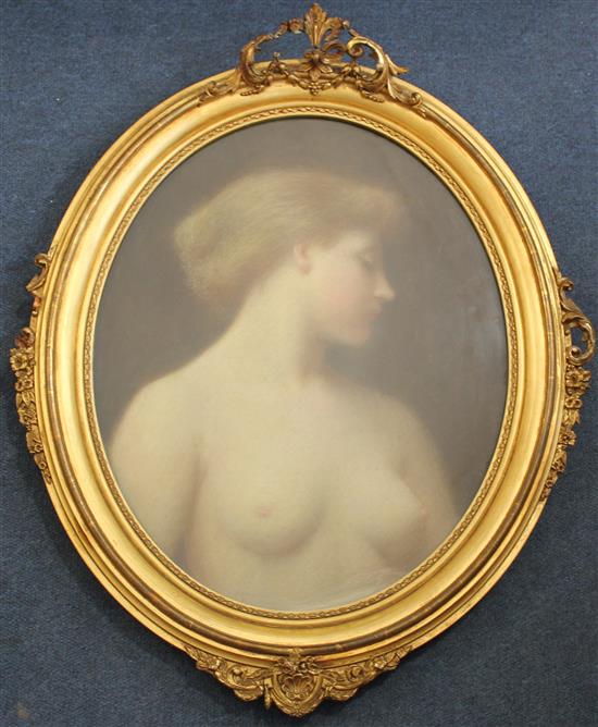 Late 19th century English School Portrait of a nude woman, oval, 16.5 x 13in.